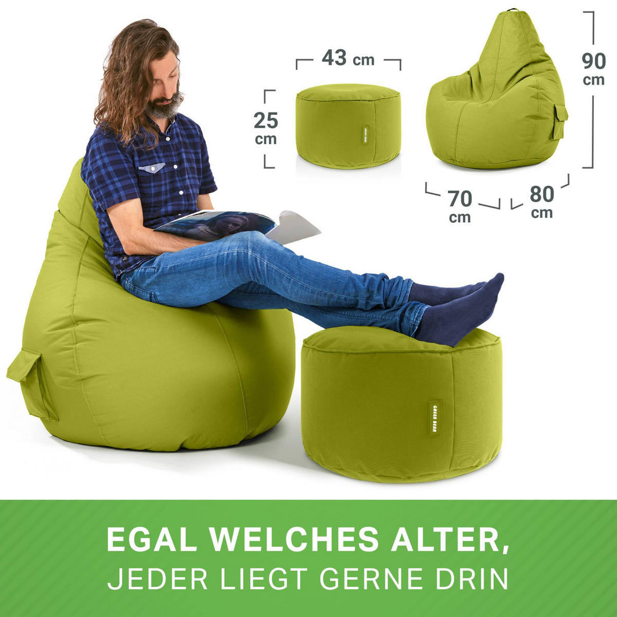 SITZSACK + Hocker "Cozy+Stay" 2er Set - Grün, Textil (70/90/80cm) - Green Bean