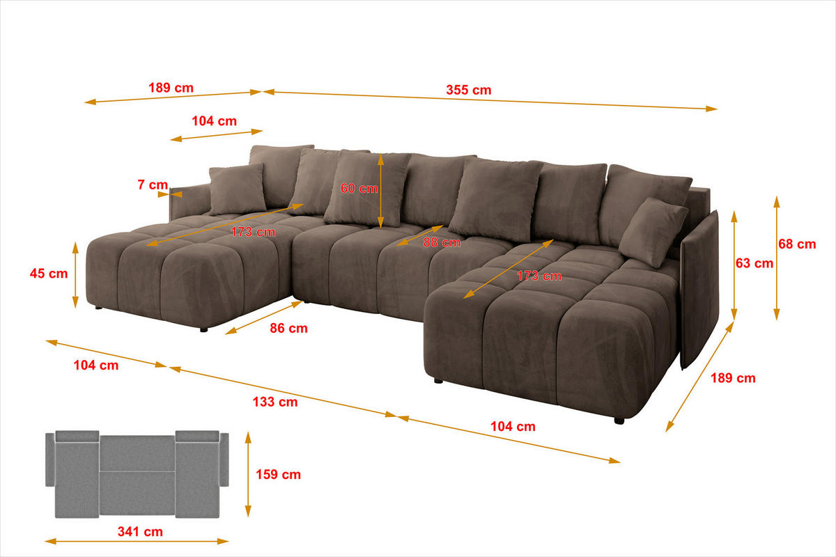 WOHNLANDSCHAFT LONLI-U 355x189x68 Braun Velours - Braun, Holzwerkstoff/Kunststoff (355/68/189cm) - ALTDECOR