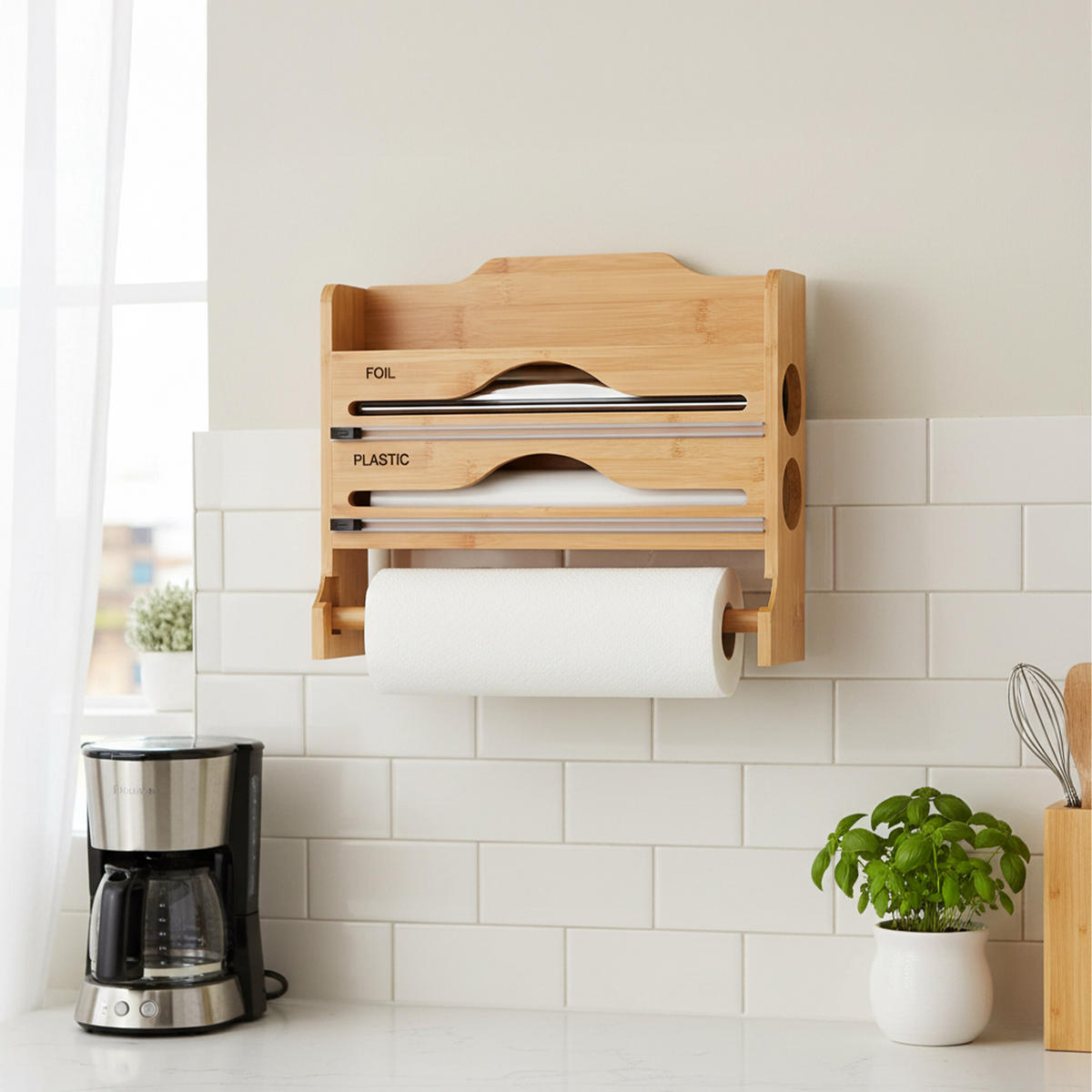 WANDROLLENHALTER - Hellbraun, Holz/Kunststoff (35/27/9cm) - Relaxdays