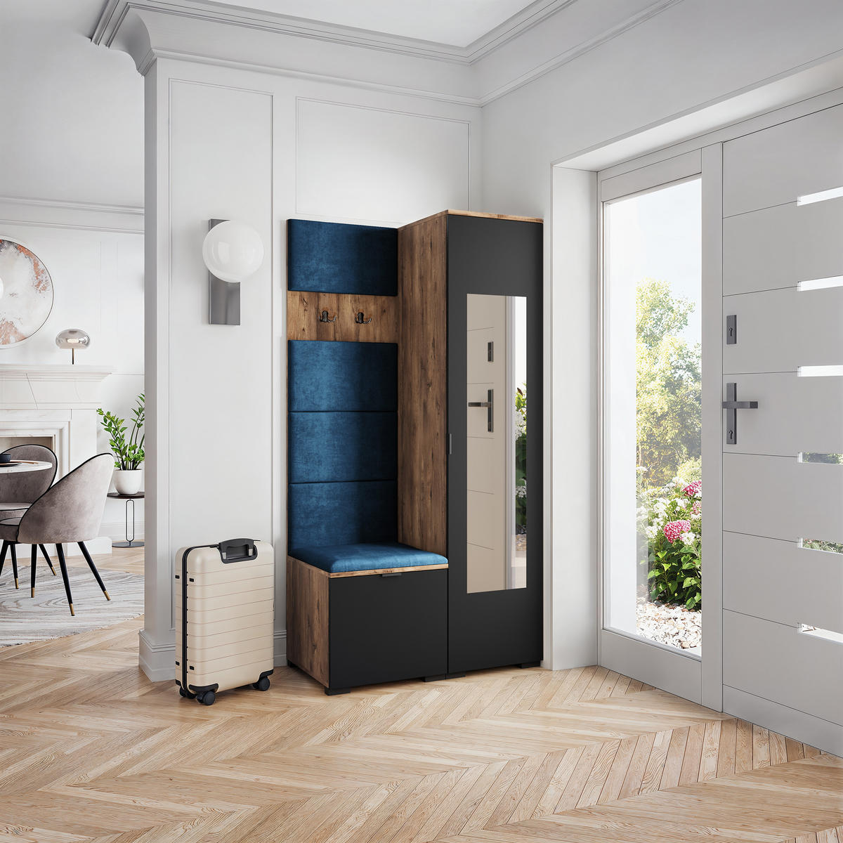 GARDEROBENSCHRANK VIRA 95/181/51 cm Modern Garderobe-Set Eiche Lefkas - Blau/Eichefarben, Holzwerkstoff (95/181/51cm) - MASSENO