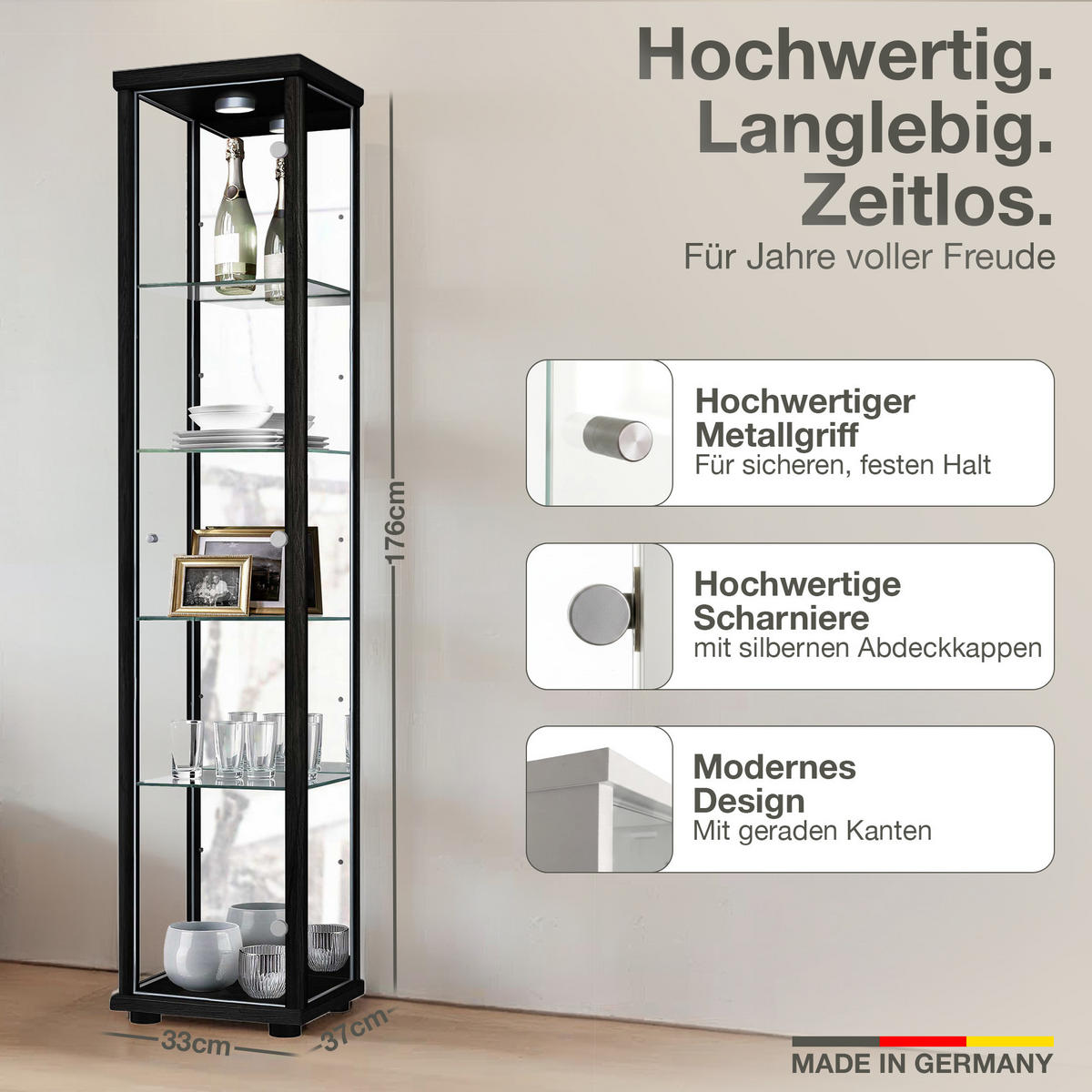 GLASVITRINE 33/37/176 cm mit Spiegel, LED & 4 höhenverstellbaren Glasböden - Transparent/Silberfarben, Glas/Holzwerkstoff (37/176/33cm) - K-Möbel