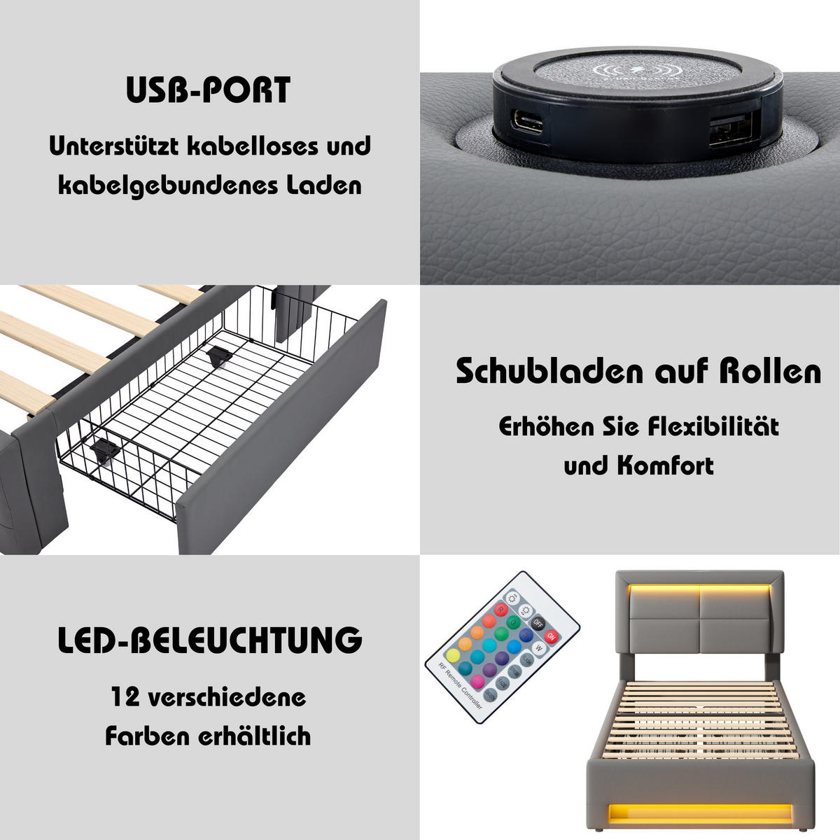 POLSTERBETT 90x190cm Grau PU Mit USB LED & 4 Schubladen - Grau, Leder (90/190cm) - FLIEKS
