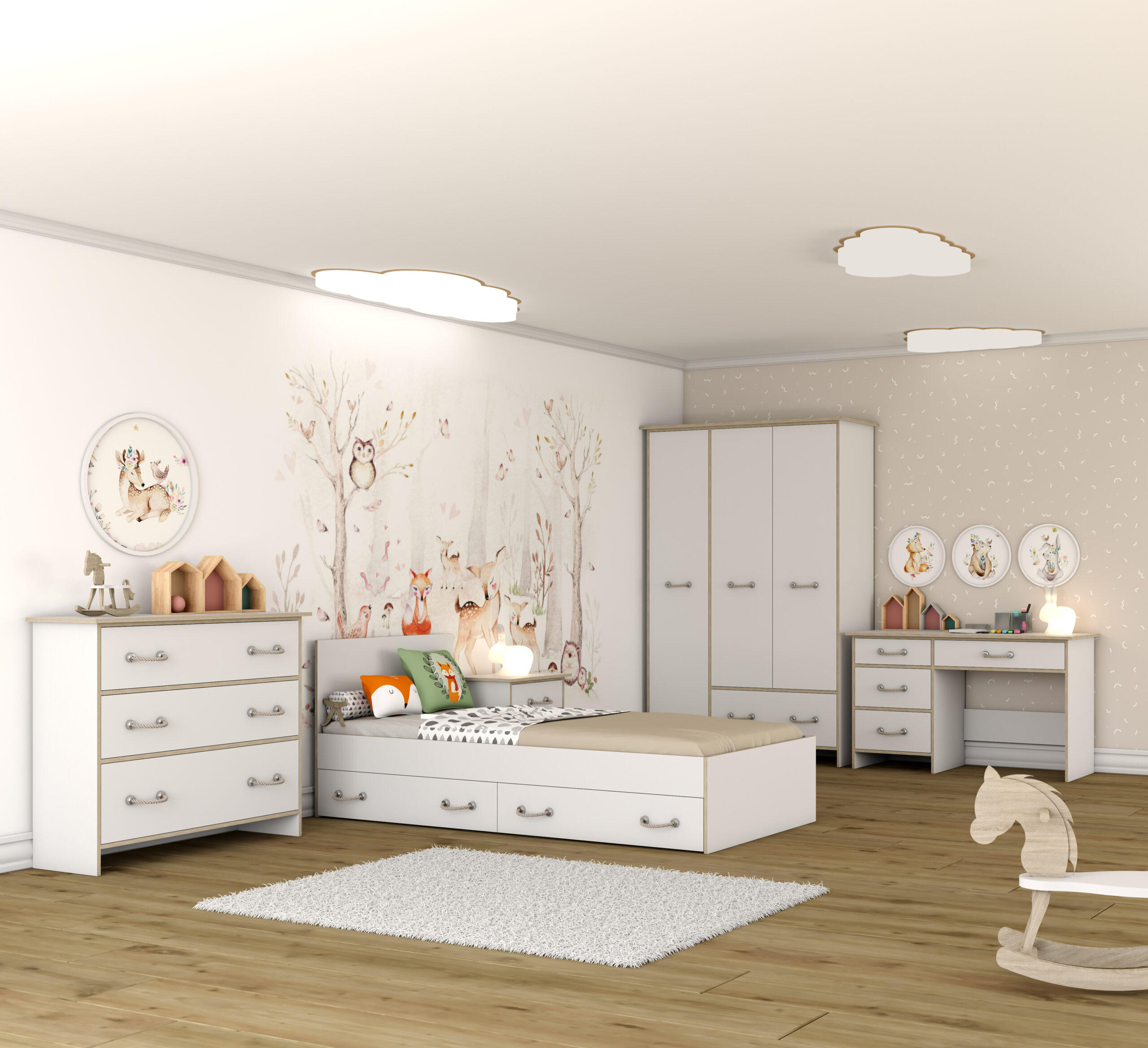 JUGENDZIMMER Solani in Weiß mit Sonoma Eiche 5 teilig mit Seilgriffen – Kinderzimmer Komplettset - Weiß, Holzwerkstoff (80/200/120cm)