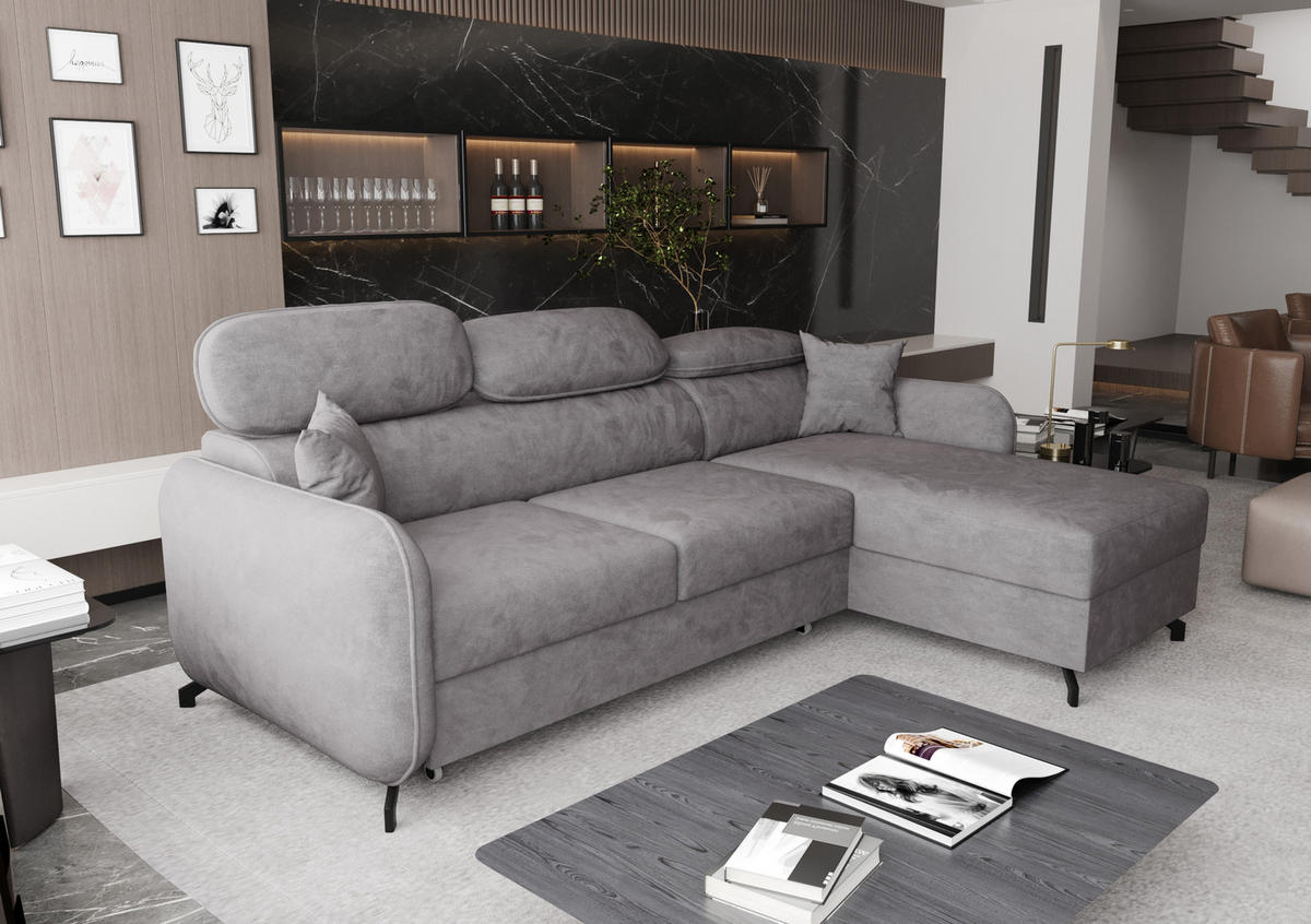 ECKSOFA L Form Ribella 5 Grau 265/180/100 cm Rechts mit Schlaffunktion - Hellgrau/Schwarz, Textil/Metall (265/180cm) - AX Living