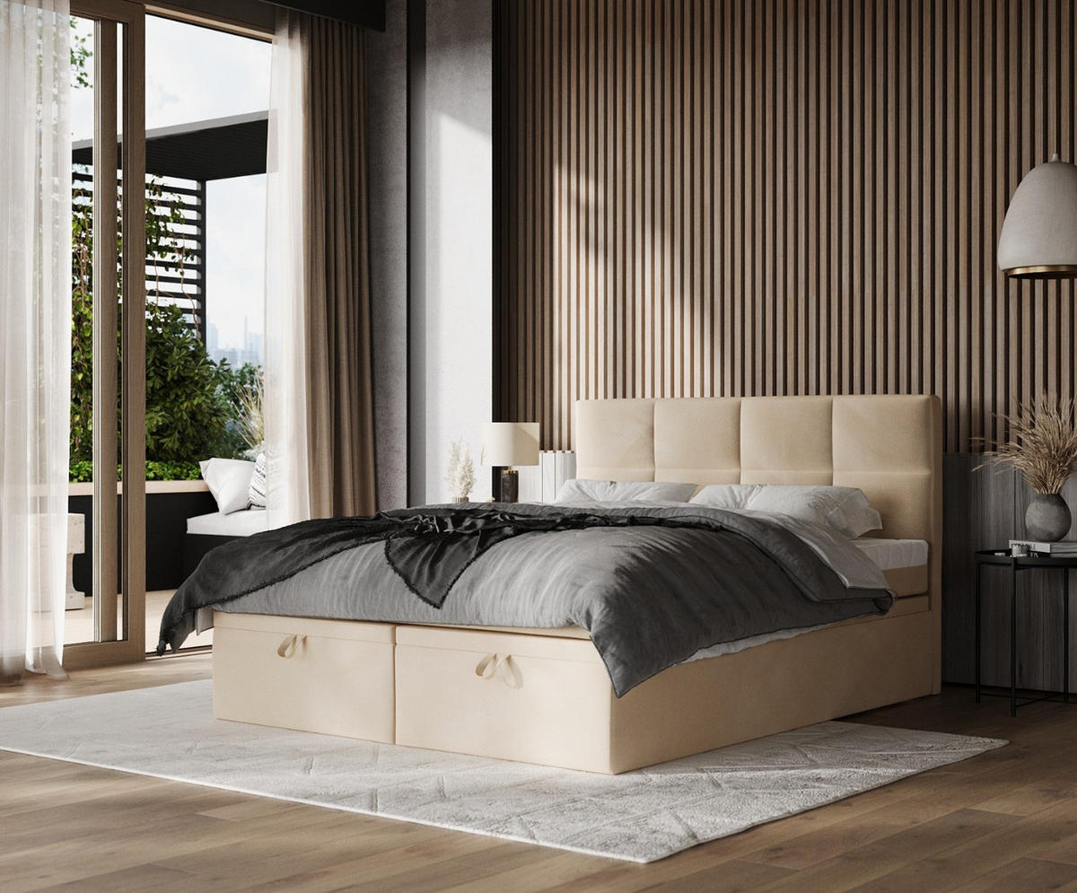 BOXBETT Tessa 200/200 cm Beige im Kronos Stoff - Beige/Schwarz, Holz/Holzwerkstoff (200/200cm) - AltaBeds