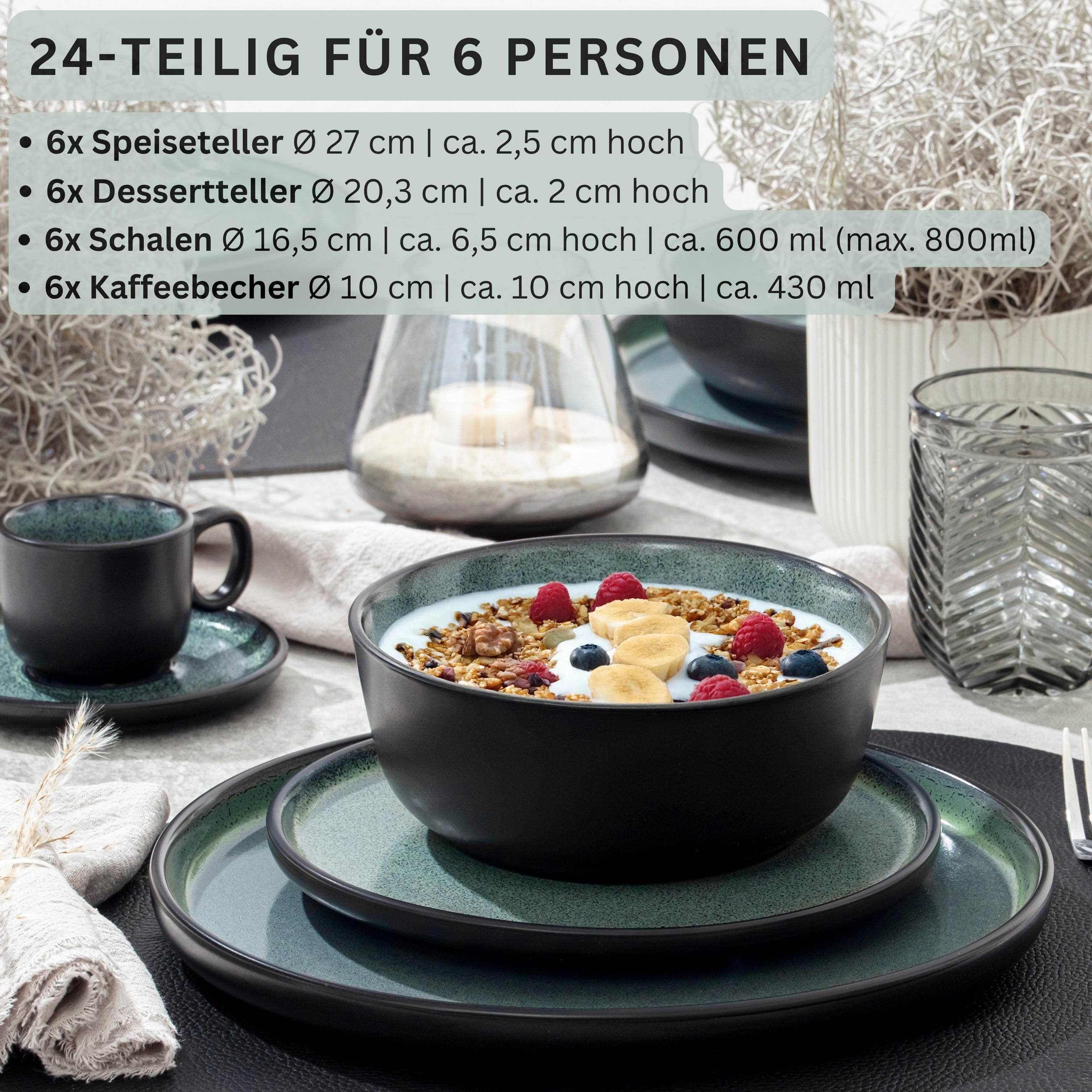 KOMBISERVICE MALMÖ - 24 teilig aus Steingut - Dunkelgrün, Stein (50/30/80cm) - Sänger