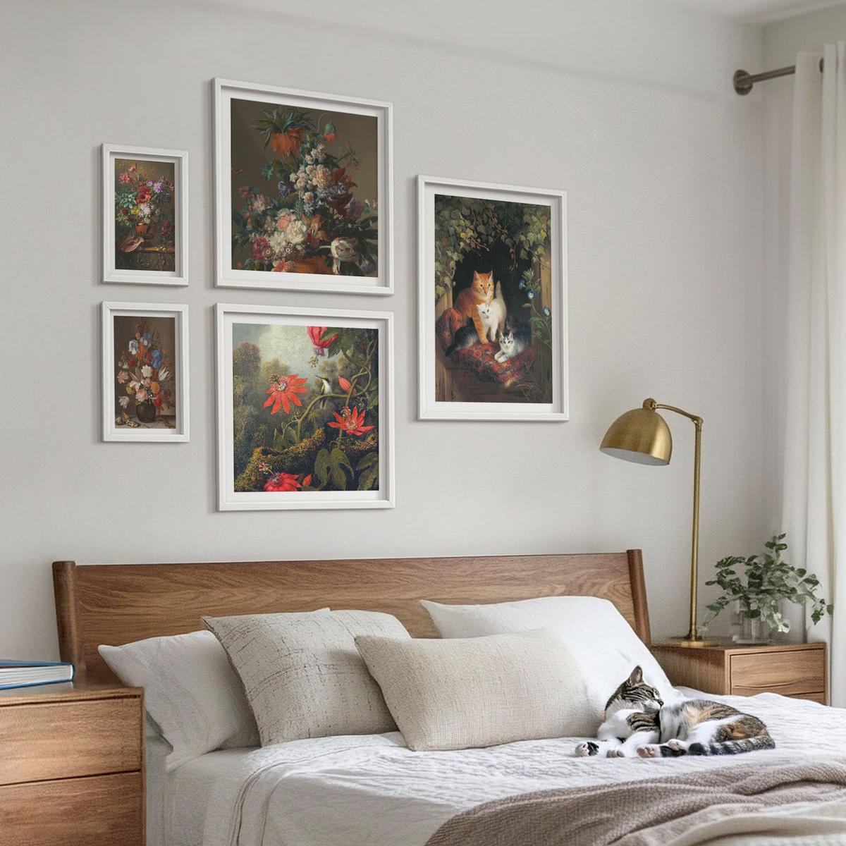 WANDBILDER 5er-Set - 50x50 cm & 20x30 cm & 40x60 cm Weißer Rahmen - Vintage-Blumen, Katzen, Pflanzen - Weiß, Kunststoff (40/60cm) - ArtPrintCave