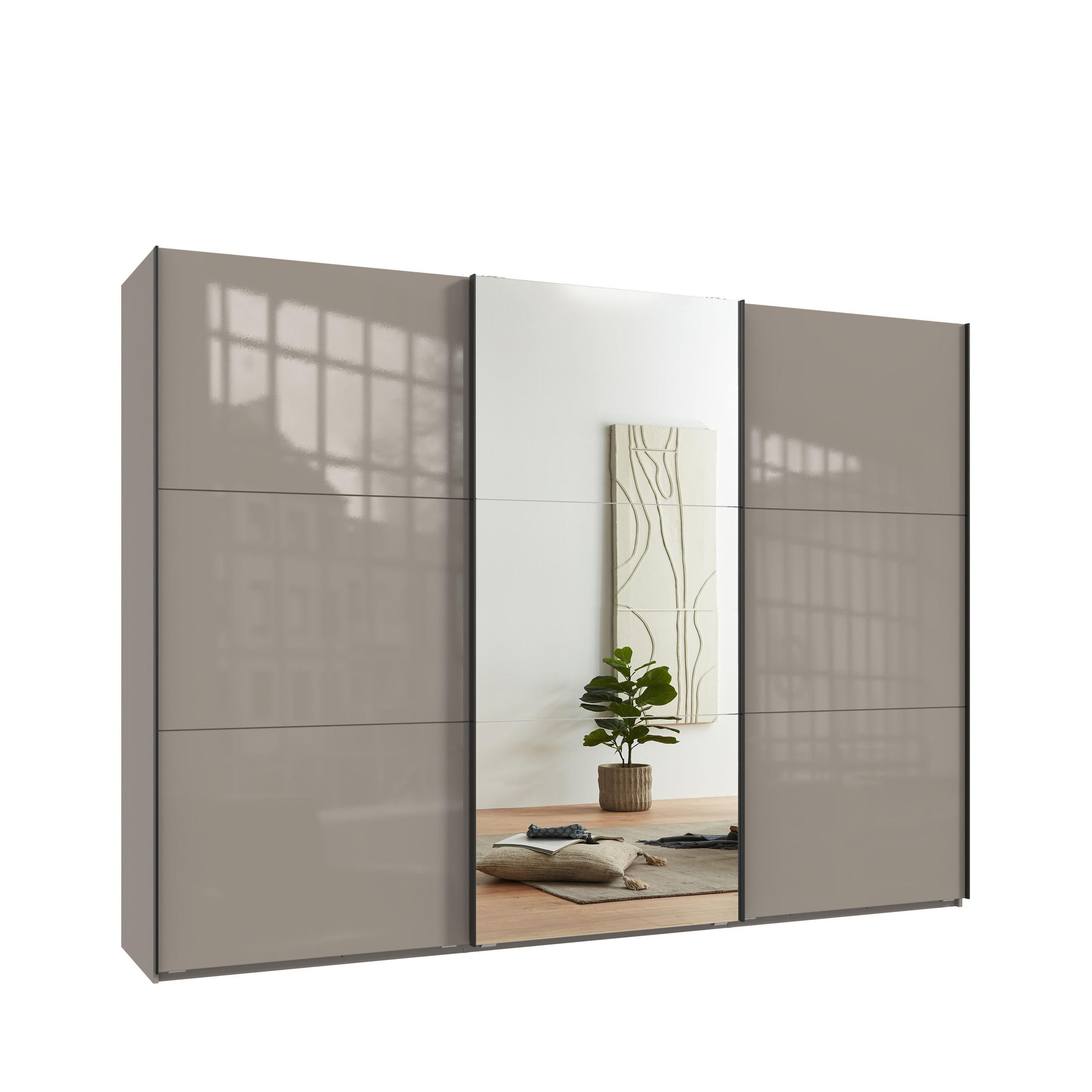 SKŘÍŇ S POSUVNÝMI DVEŘMI, 3dveřová, 300 × 216 × 65 cm (Š×V×H), v pískově šedé barvě se skleněnými čely, s jedněmi zrcadlovými dveřmi / 22040 - písková barva/barva dubu, kov/kompozitní dřevo (300/216/65cm) - luma-home