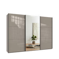SKŘÍŇ S POSUVNÝMI DVEŘMI, 3dveřová, 300 × 216 × 65 cm (Š×V×H), v pískově šedé barvě se skleněnými čely, s jedněmi zrcadlovými dveřmi / 22040 - písková barva/barva dubu, kov/kompozitní dřevo (300/216/65cm) - luma-home