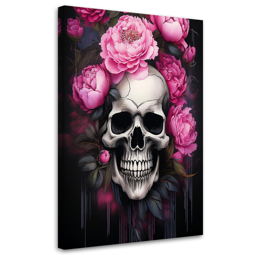 WANDBILD totenkopf rosa pfingstrosen blumen - Pink, Textil (40/60cm) - Feeby