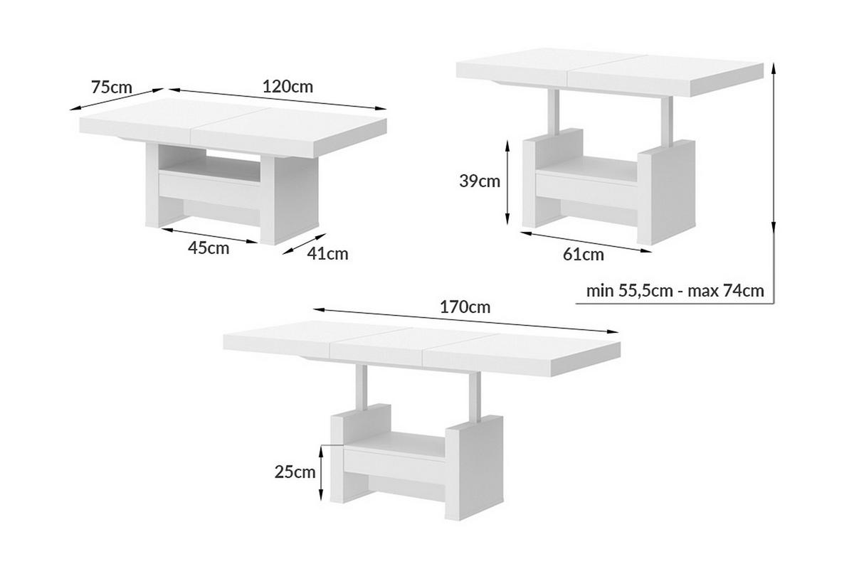 COUCHTISCH rechteckig Marmor dunkel Weiß Hochglanz Höhenverstellbar ausziehbar 12/75/55 cm - Weiß Hochglanz/Anthrazit, Holzwerkstoff (75/120/55cm)