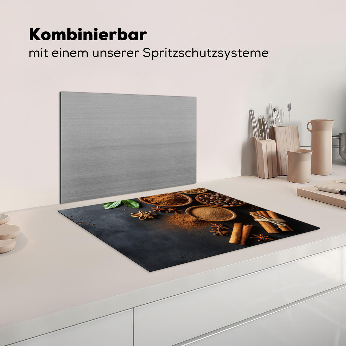 KRYT NA INDUKČNÍ DESKU Skořice - Beton - Káva - Skořicové tyčinky - Koření 65x52 cm - barva mokka, plast (65/52/0.2cm) - MuchoWow