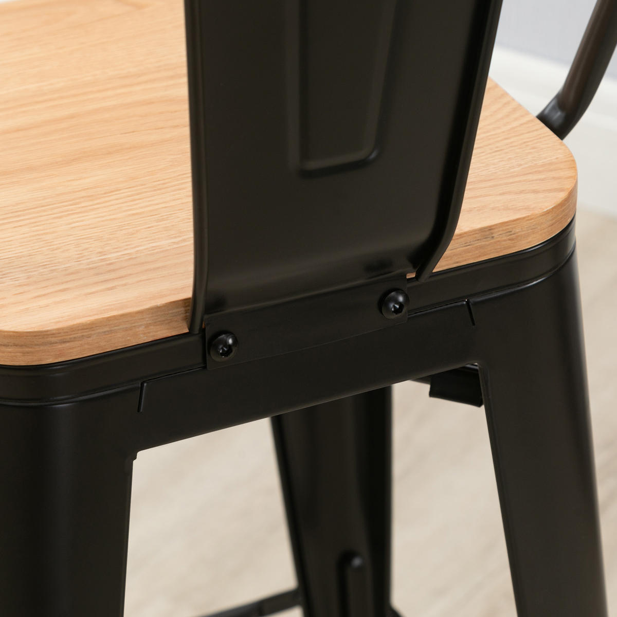 BARHOCKER 4er-Set DE-14705 industriell mit Rückenlehne & Fußstütze Hellholz/Schwarz - Schwarz, Metall (44/118/45cm) - ComfortXL
