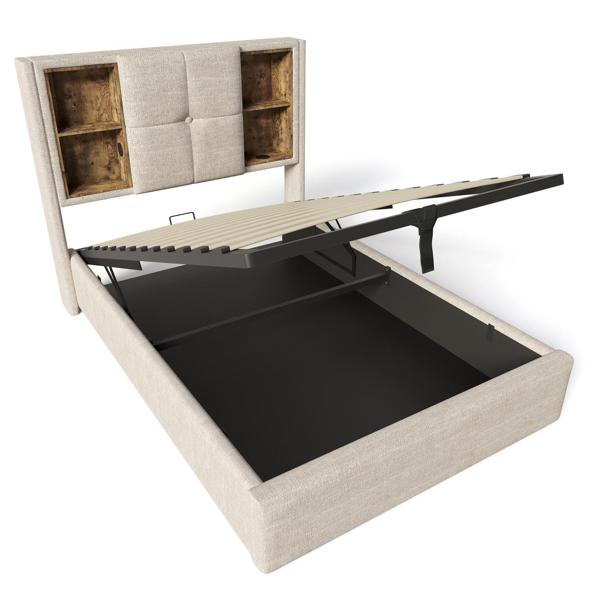 BETT mit Stauraum und Ladestation 90x200 cm Linen Natural - Braun, Metall (90/200cm) - Meubliv