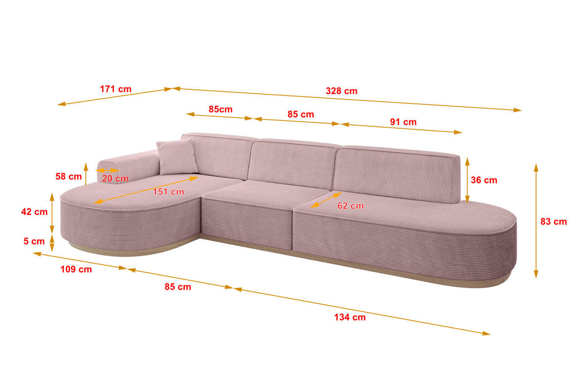 ECKSOFA Ottomane Links MARI-L2-v1 - 328x171x83 cm Rosa Cord - Rosa, Holzwerkstoff/Textil (328/171cm) - ALTDECOR