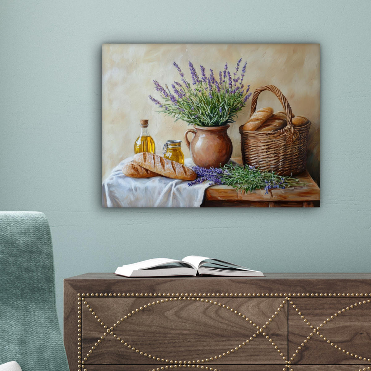 LEINWANDBILD Lavendel - Brot - Stilleben 40x30 cm - Flieder, Textil (40/30cm) - MuchoWow