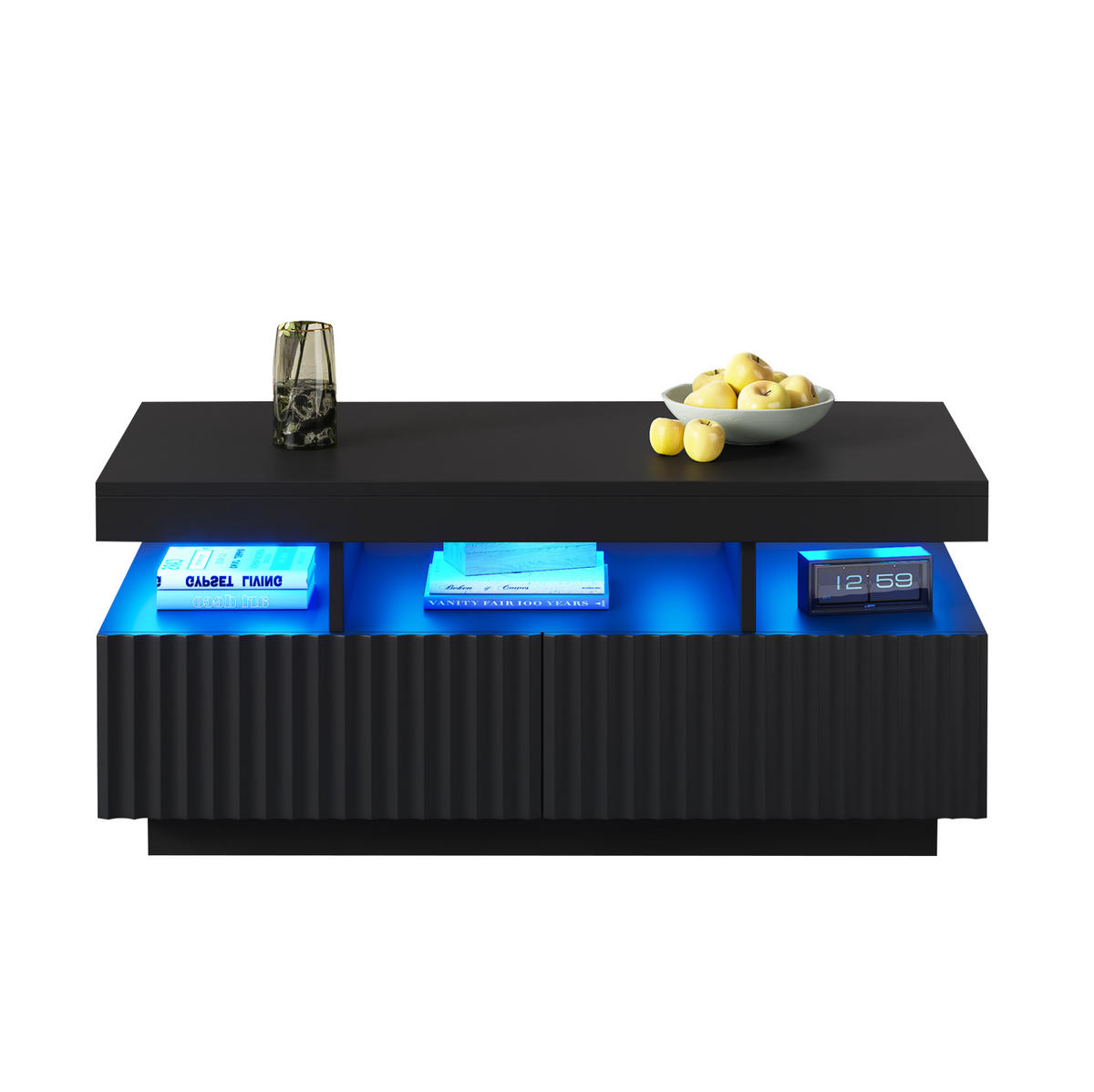 COUCHTISCH 100/50/45 cm mit 2 Schubladen, LED-Beleuchtung und offenem Fach, aus Spanplatte, Schwarz - Schwarz, Holzwerkstoff (100/50/45cm) - Redom