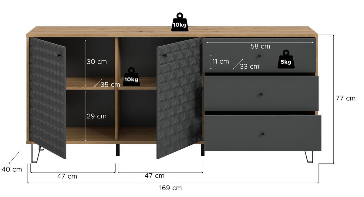SIDEBOARD PRISMA (B/H/T: ca. 169/76/40 cm) in Artisan Oak Nachbildung/anthrazit matt - Eiche Artisan, Holzwerkstoff (169/76/40cm)