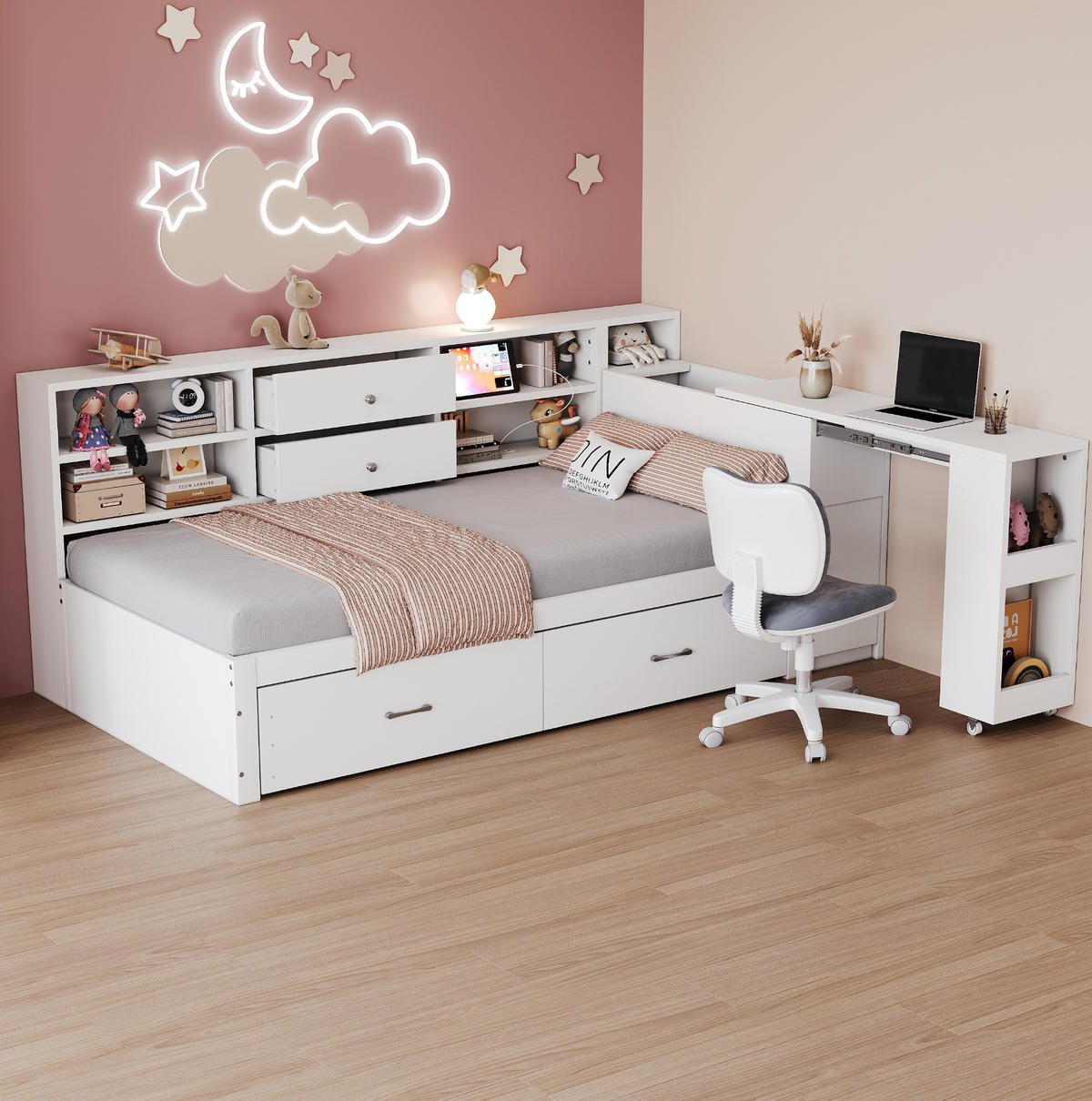 BETT 90/200 cm Weiß aus Holz mit Stauraum, Schreibtisch und USB-Anschlüssen - Weiß, Holz (90/200cm) - Flora Grace