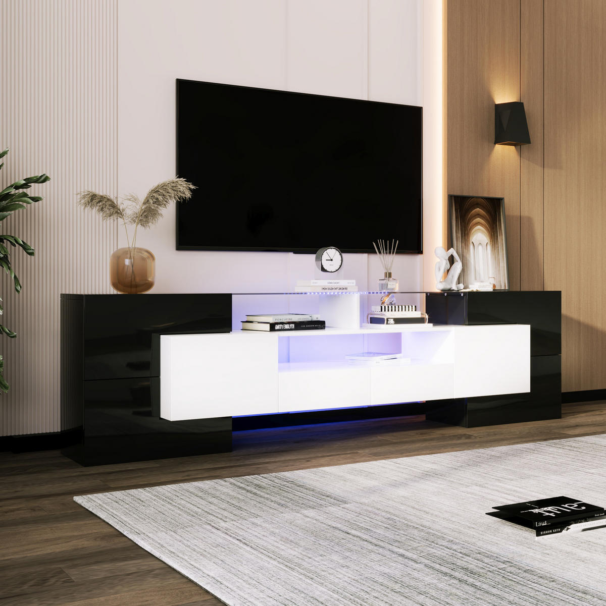 TV-LOWBOARD aus Spanplatte und MDF 200x35x60 cm Schwarz-Weiß mit LED-Beleuchtung und Stauraum - Schwarz, Holzwerkstoff (200/60/35cm) - IVMEU