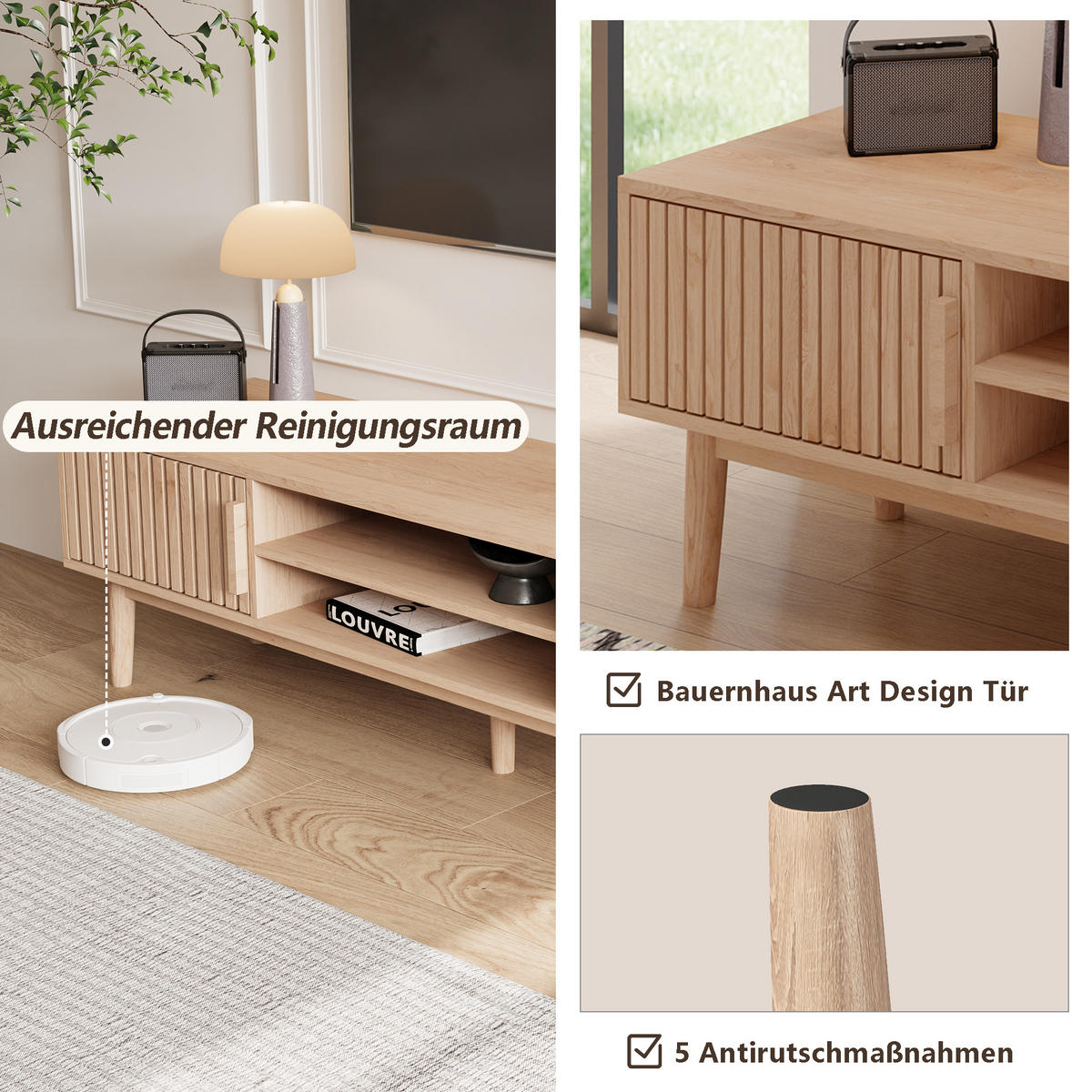 TV LOWBOARD 150x40x48 cm Ablagefächer Holz Art Deco - Naturfarben, Holz (150/48/40cm) - LEBENLANG