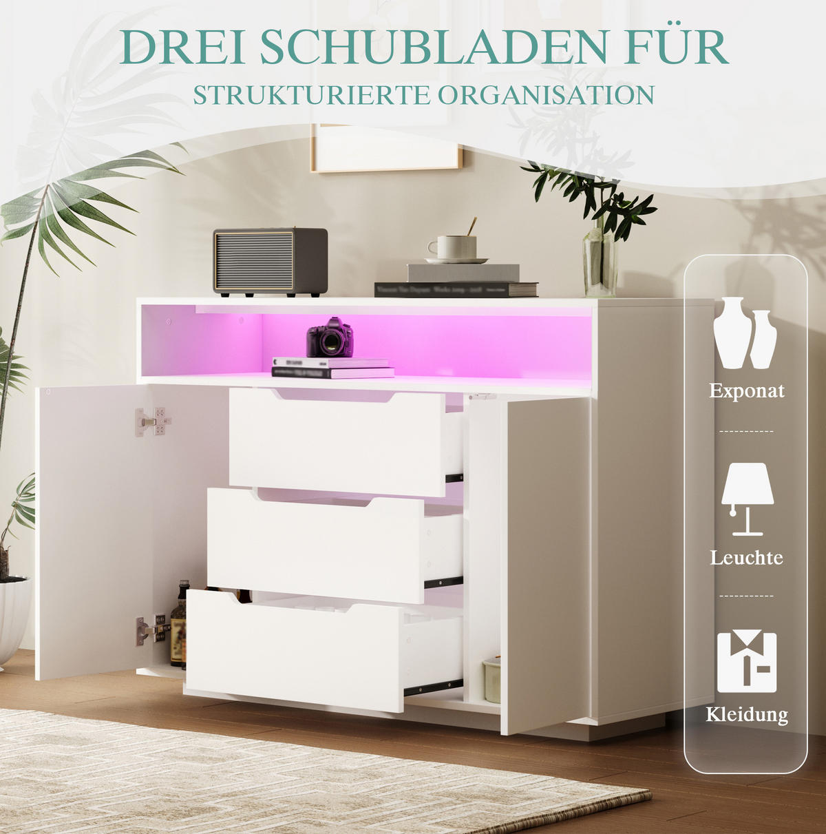 SIDEBOARD 120/40/85 cm mit offenem Regal, 3 Schubladen, Türen und LED-Beleuchtung aus Holzwerkstoff, Weiß - Weiß, Holzwerkstoff (120/85/40cm) - Redom