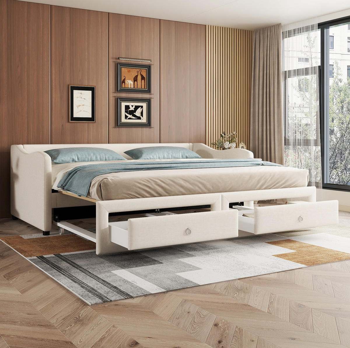 POLSTERBETT aus Leinen 90x200 cm in Beige mit Ausziehbett & 2 Schubladen - Beige, Textil (90/200cm) - Modfu