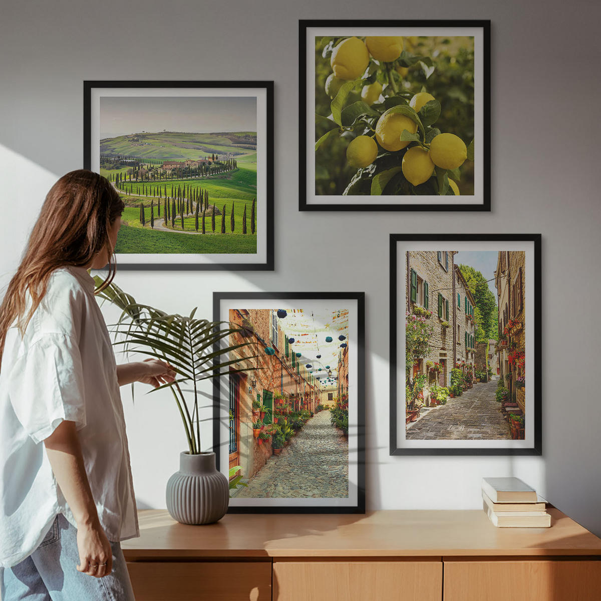 WANDBILDER 4er-Set - 50x50 cm & 40x60 cm Schwarzer Rahmen - Bezaubernde Straßen voller Zitronenblüten - Schwarz, Kunststoff (50/50cm) - ArtPrintCave