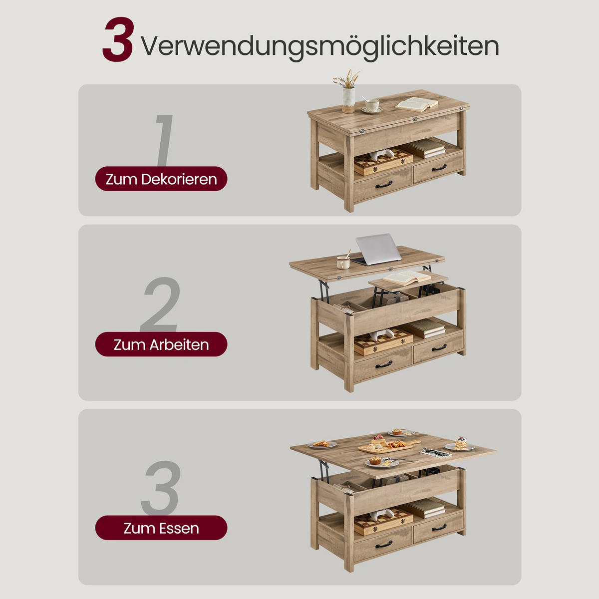 COUCHTISCH 100x64x50 höhenverstellbar Gas 2 Schubladen - Eichefarben, Holz (100/50/64cm) - Kaket