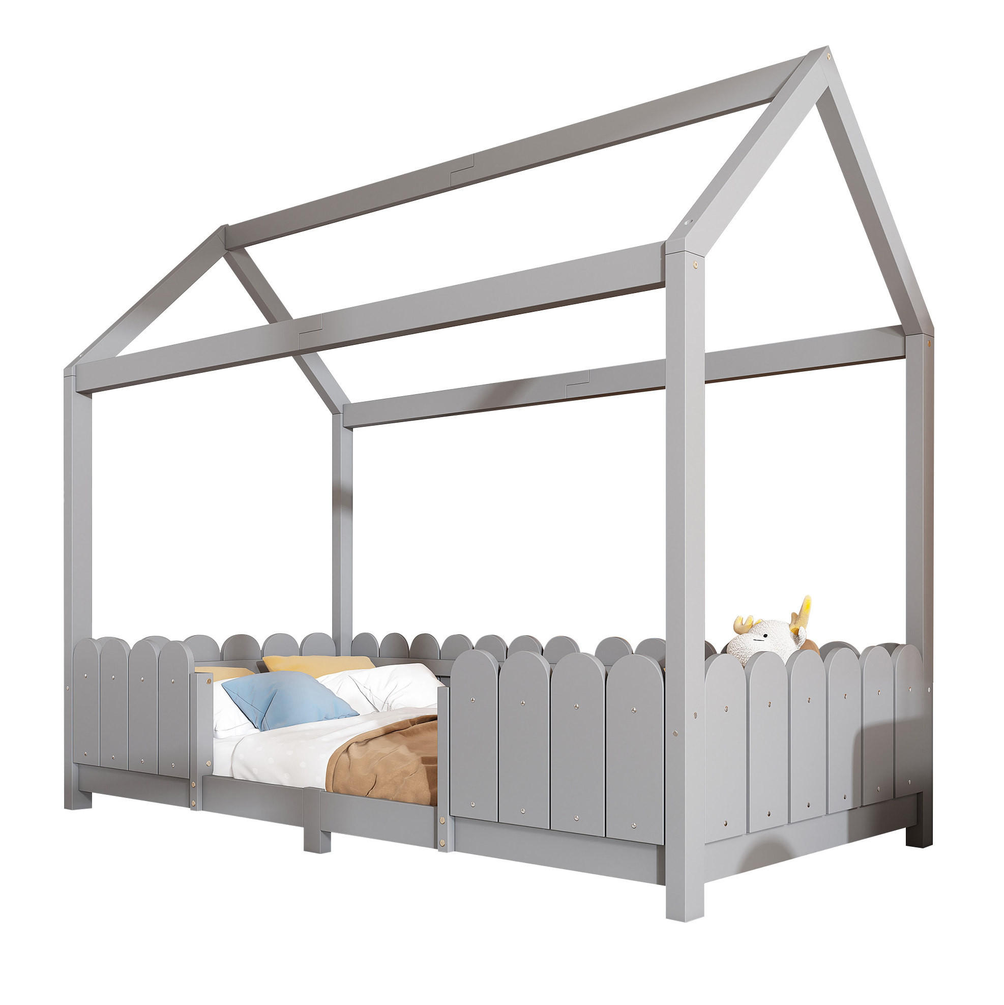 KINDERHAUSBETT 90/200 cm Grau aus Massivholz und MDF mit Rausfallschutz und Lattenrost - Grau, Holz (90/200cm) - OKMYHOME