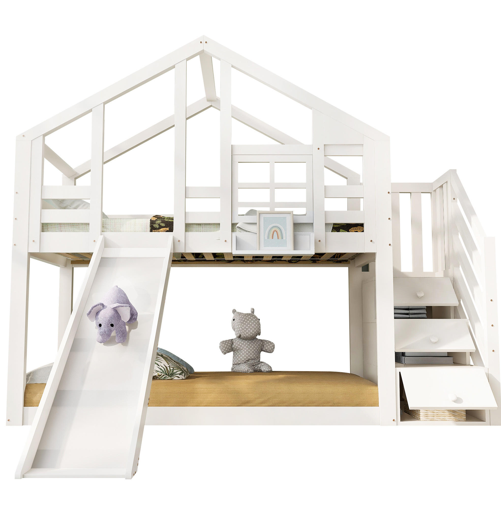 HAUSBETT 90/200 cm Weiß mit Rutsche und Stauraumtreppe - Weiß, Holzwerkstoff (90/200cm) - Flora Grace