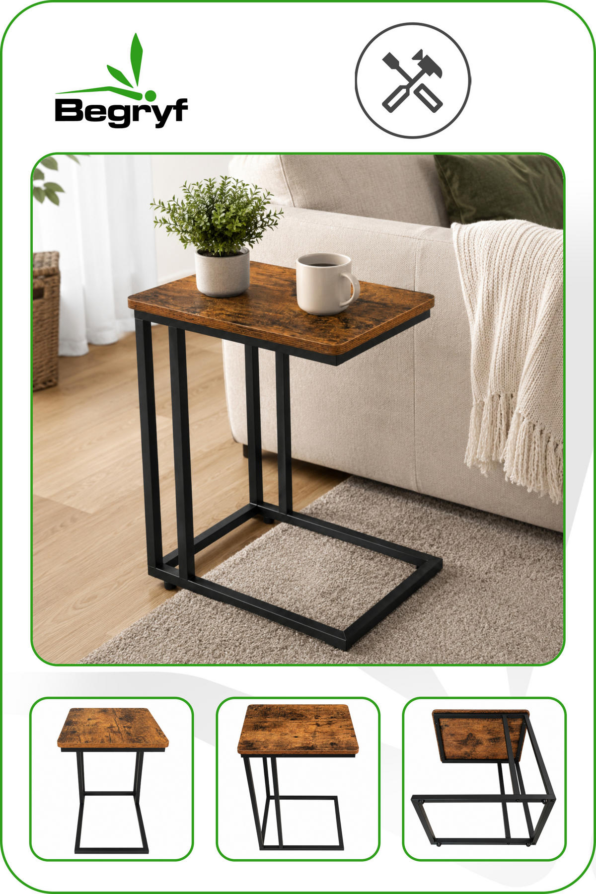 BEISTELLTISCH Metall Holzoptik Schwarz Dunkelbraun mit Rollen oder Standfüßen – 50x35x54 cm - Schwarz/Braun, Holzwerkstoff/Metall (50/35/54cm) - Begryf