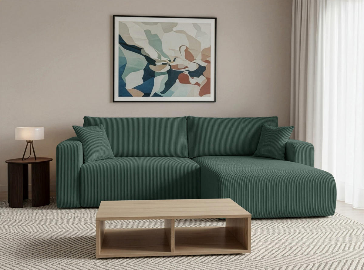 ECKSOFA mit Schlaffunktion Nellio L-Form universal mit Bettkasten Dunkelgrün Cord - Dunkelgrün/Schwarz, Kunststoff/Textil (245/145cm) - Homebook