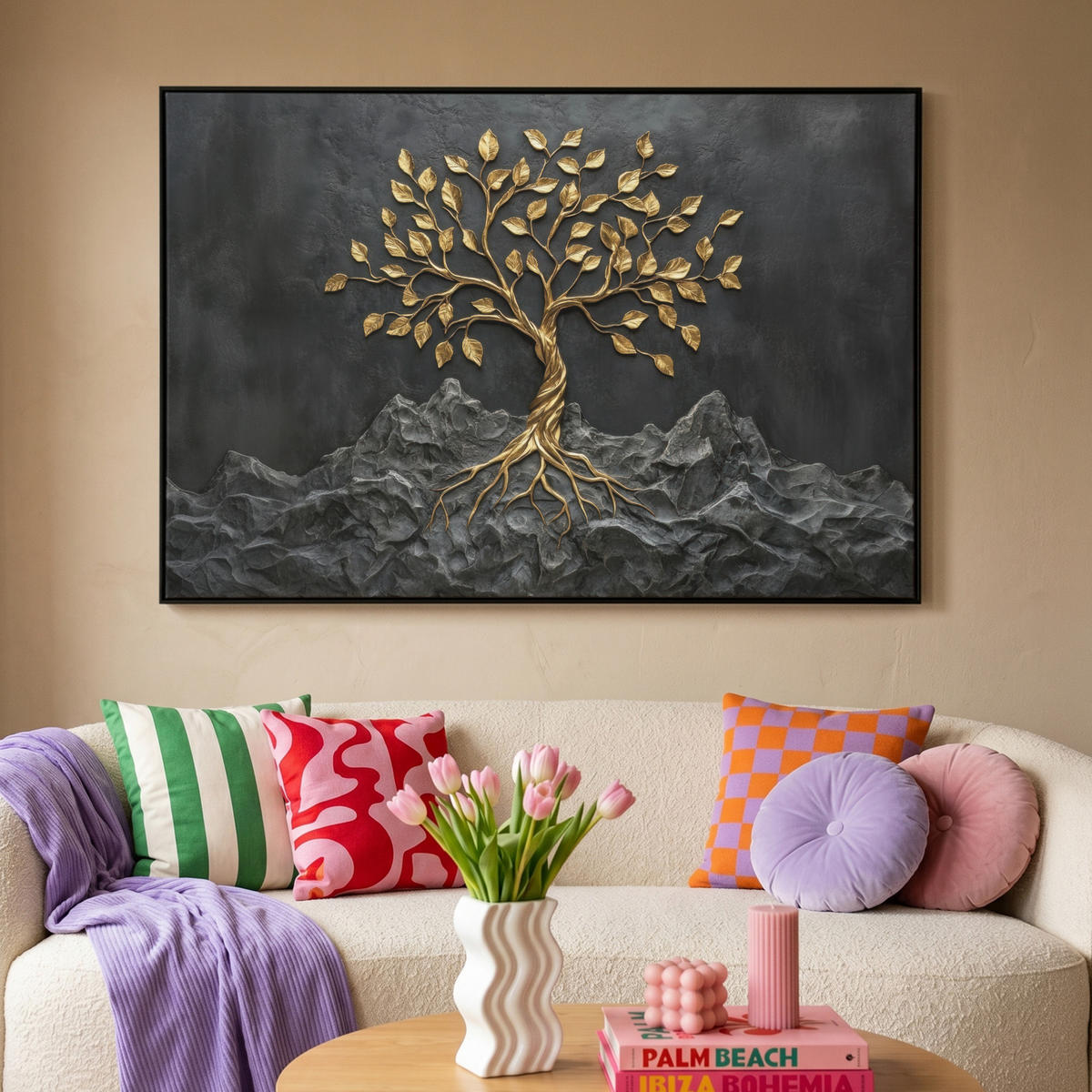 LEINWAND Bilder mit Rahmen - Blätter - Gold - Baum - Fels - 120x80 - Schwarz, Textil (120/80cm) - MuchoWow