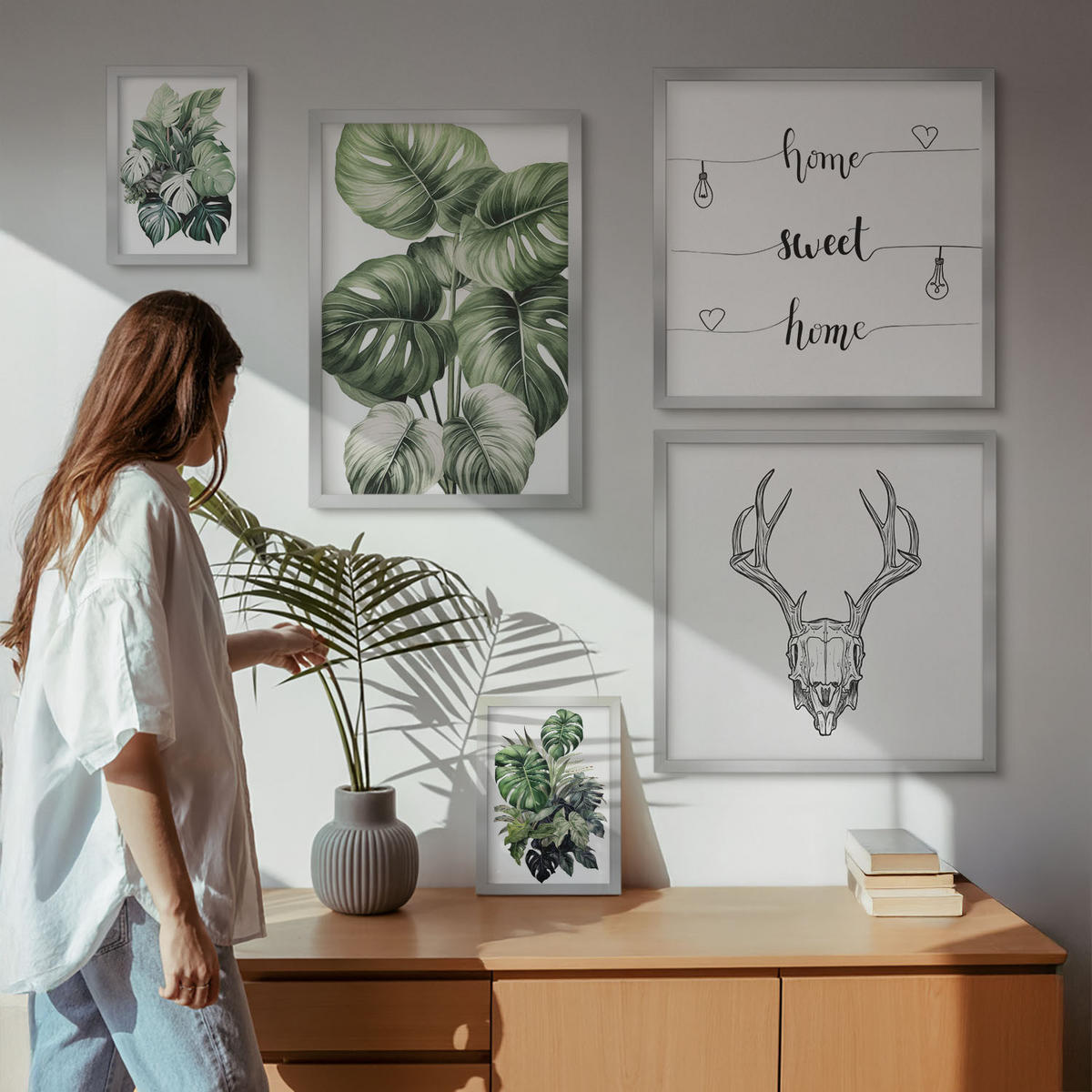 WANDBILDER 5er Set - 50x50 cm & 20x30 cm & 40x60 cm Silberner Rahmen - Ausblicke auf Berge, Flüsse und Wasserfälle - Silberfarben, Kunststoff (40/60cm) - ArtPrintCave