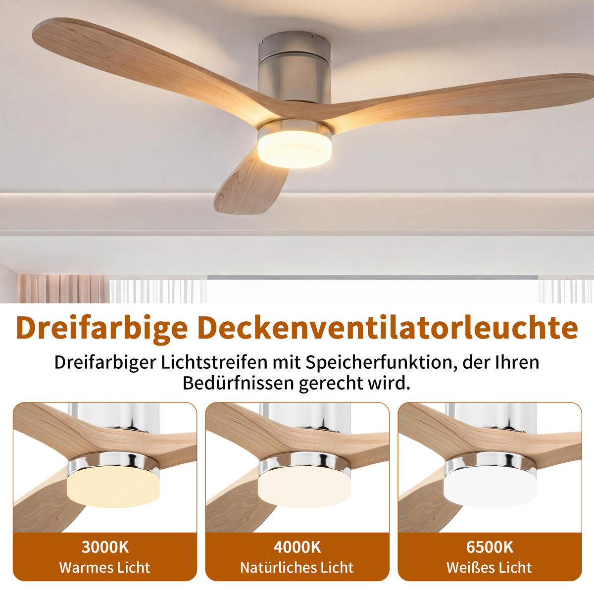 DECKENVENTILATOR mit LED-Licht, 132 cm, Holzflügel, 6 Stufen & Timer - Naturfarben, Metall (132/132/28cm) - EuroLiving