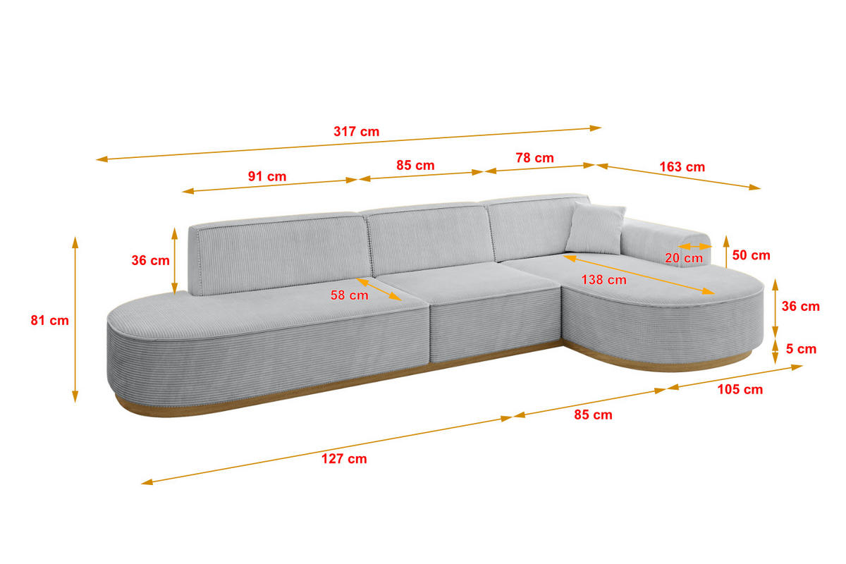 ECKSOFA Ottomane Rechts MARI-L2-v2 - 328x171x83 cm Grau Cord - Grau, Holzwerkstoff/Textil (171/328cm) - ALTDECOR