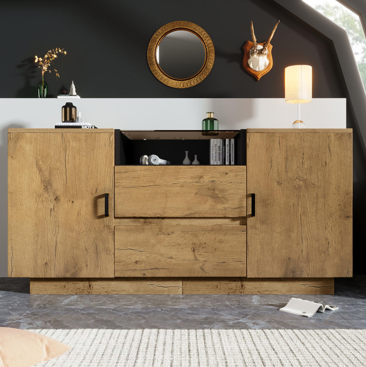 SIDEBOARD 140/40/70 cm Eiche aus Holzwerkstoff mit ESG-Glas und 2 Schubladen - Eichefarben, Glas (140/70/40cm) - OKWISH