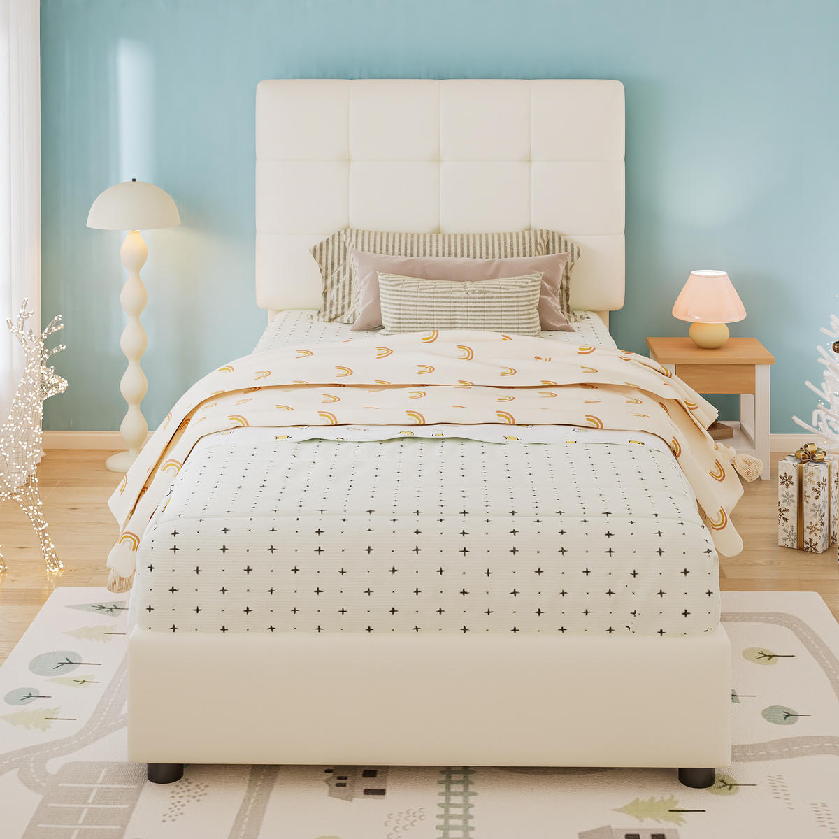 POLSTERBETT 90/200 cm Beige mit Keksförmigem Kopfteil aus PU und Eisen - Beige, Holzwerkstoff (90/200cm) - OKWISH