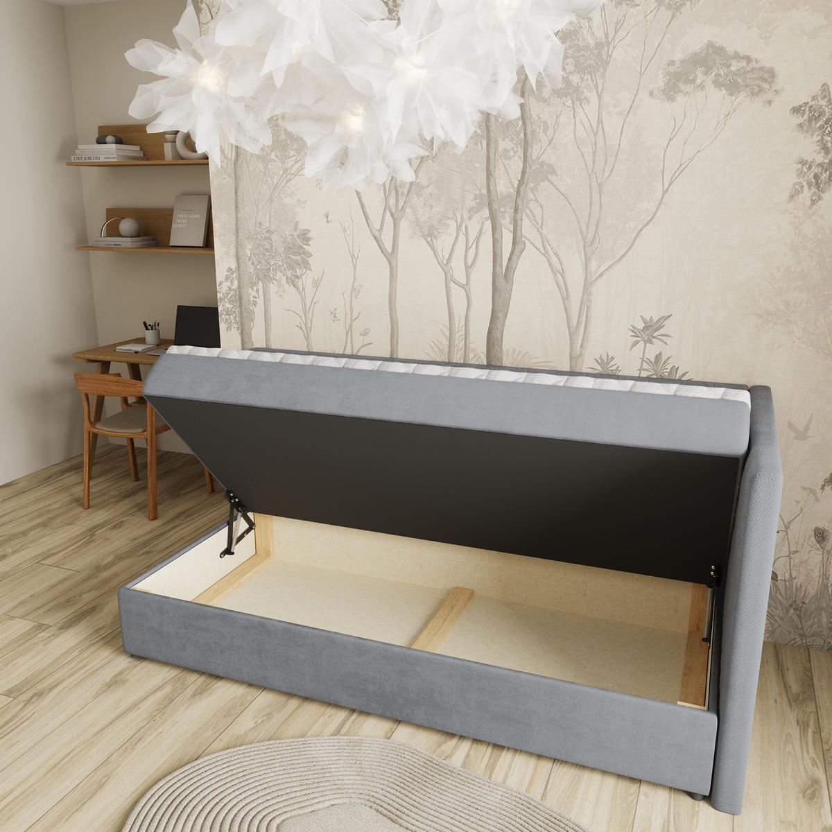 BOXBETT ARIS 80x200 cm mit Matratze und Topper, H2+H3 - Grau - Grau, Holz (80/200cm) - MASSENO