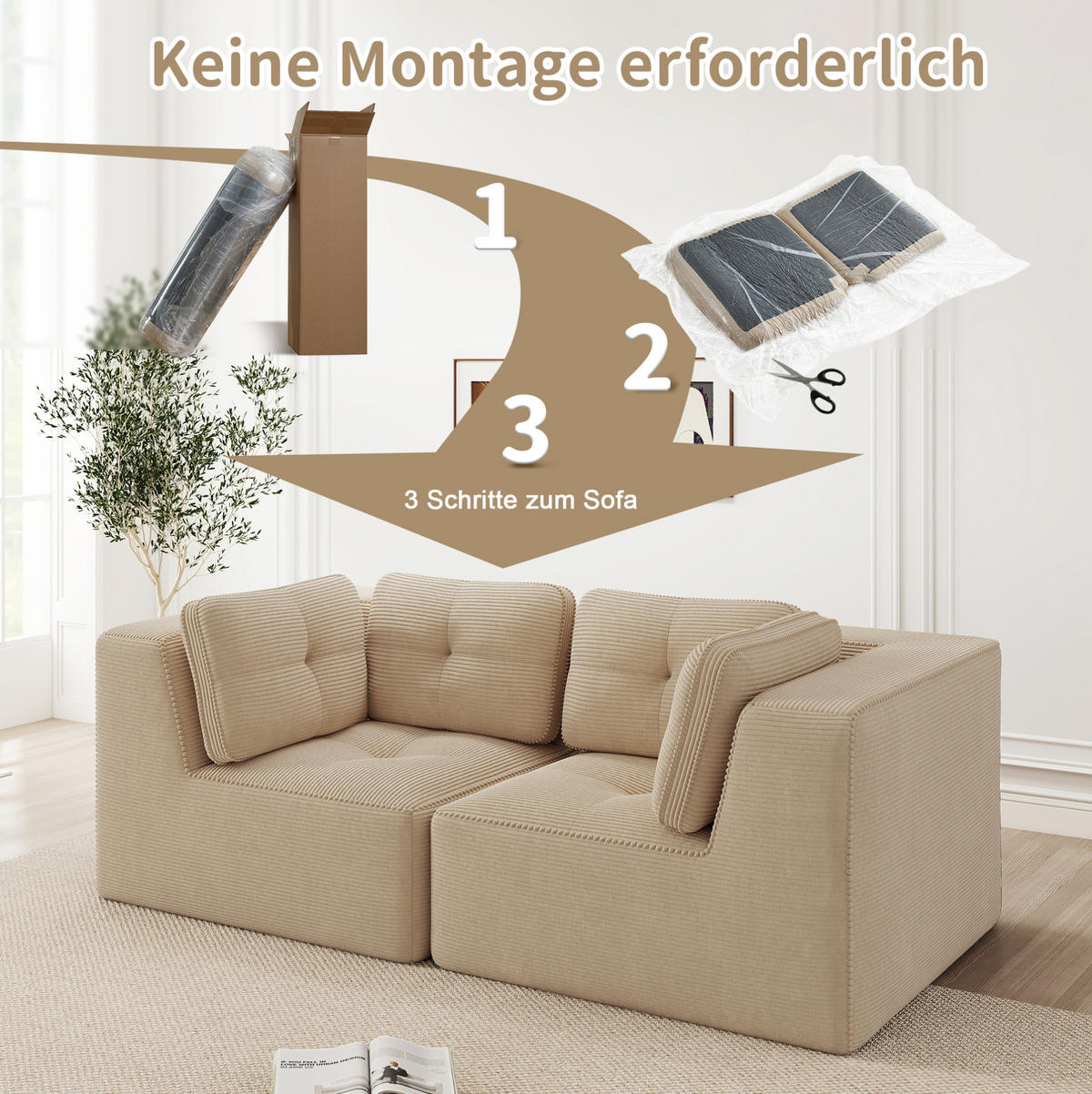 SOFA 208/104/69 cm in Beige aus Cord mit modularem Design - Beige, Textil (104/69/208cm) - Flora Grace