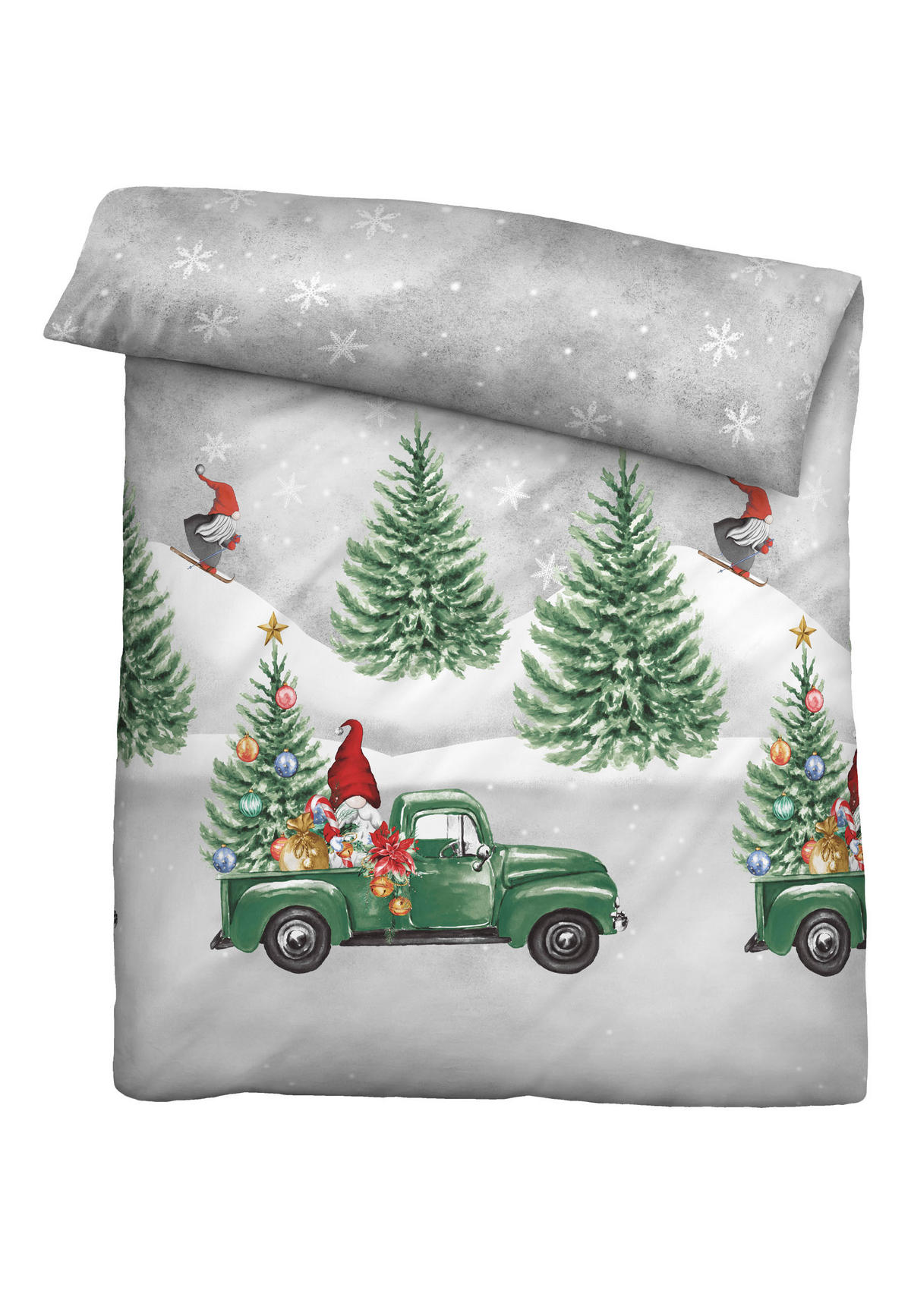 BETTWÄSCHE-GARNITUR Biber Wichtel & Weihnachtsbaum sturmgrau, 135x200 cm + 80x80 cm - Grau, Textil (135/200cm) - biberna