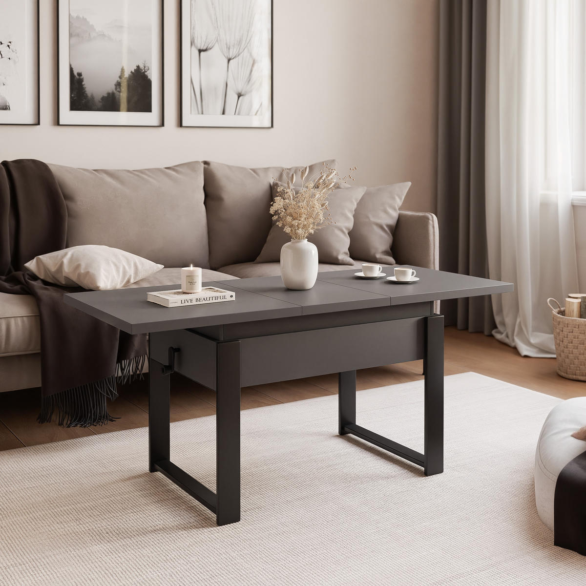 COUCHTISCH TIVOR Multifunktionalität 3-in-1 - Dunkelgrau/Schwarz, Holzwerkstoff/Metall (67/120/63.5cm) - Idohome