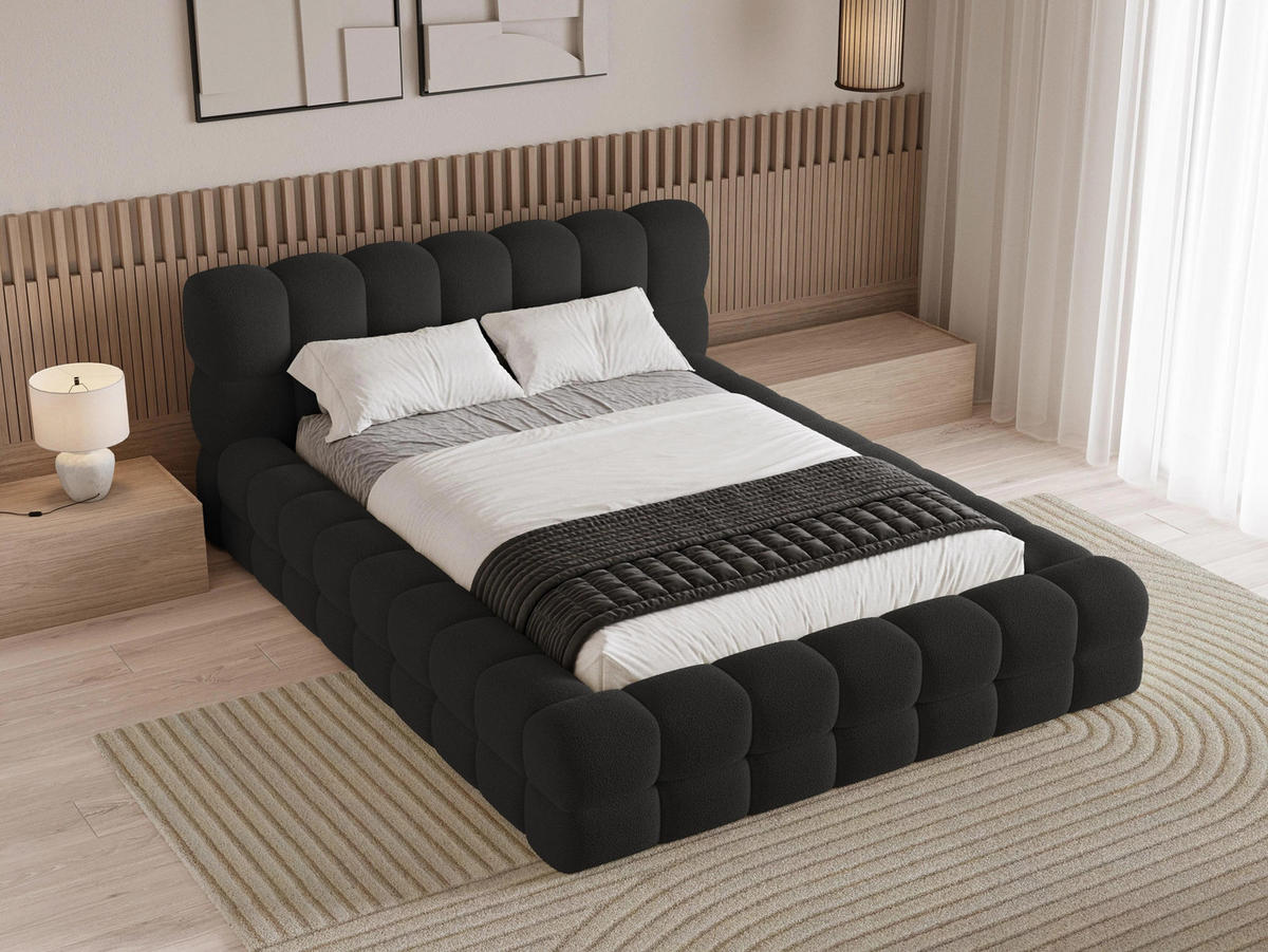 POLSTERBETT Verona 140x200 cm mit stabilem Metallrahmen, Bettkasten, Lattenrost und markantem Kopfteil - Bouclé Schwarz - Schwarz, Textil/Metall (140/200cm) - Chilly