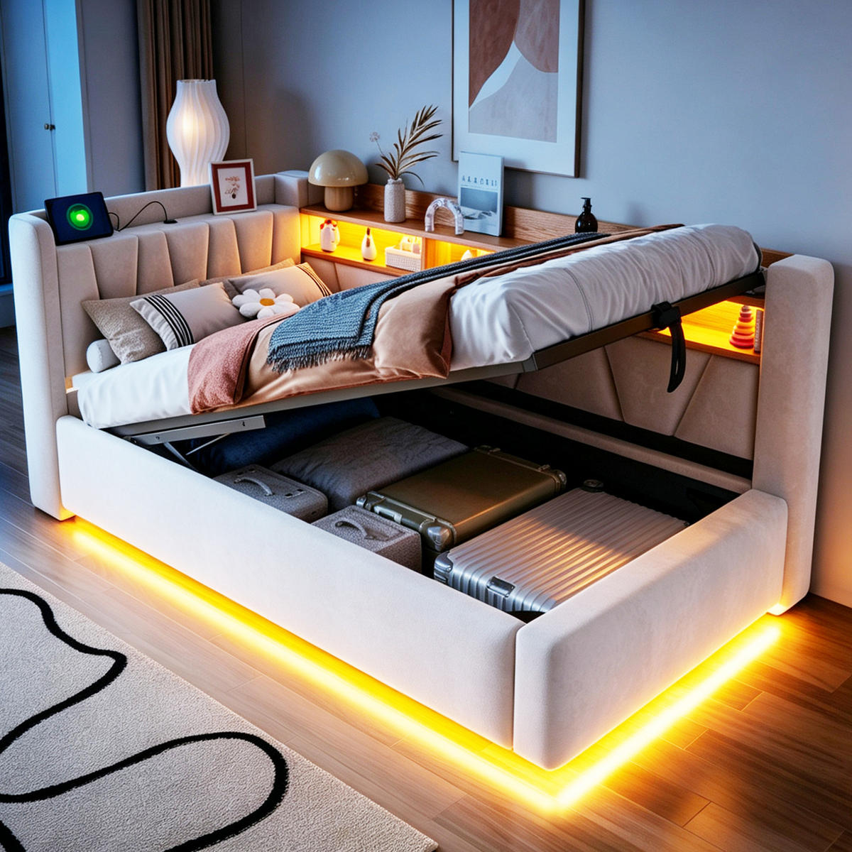 BOXBETT 90/200 mit LED/Regal/USB/Bettkasten, Samt, Beige - Beige, Holz (90/200cm) - LVHOM