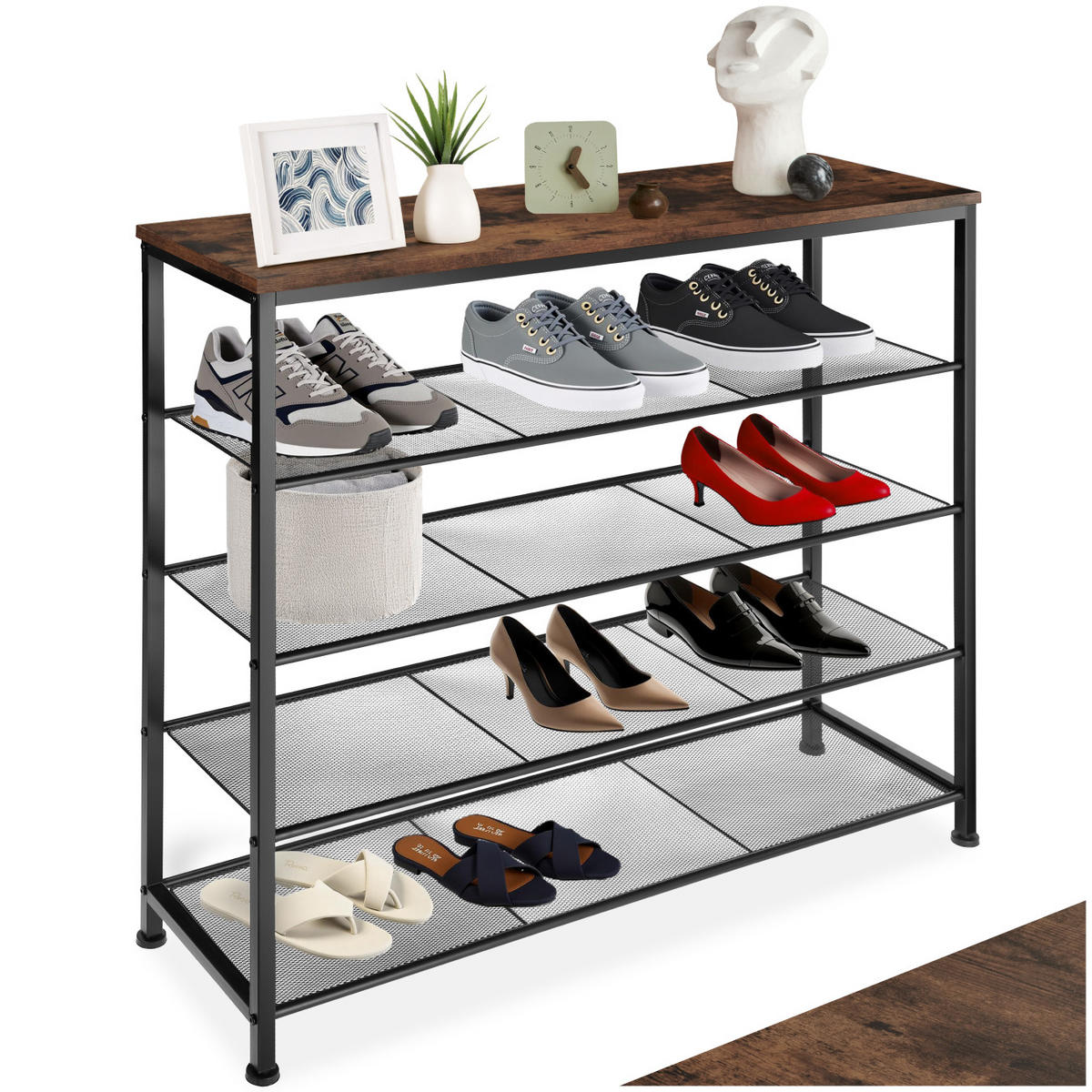 SCHUHREGAL Sheffield,100 x 30,5 x 93 cm,Industrial Holz dunkel, rustikal - Rostfarben, Metall (30.5/93/100cm) - tectake