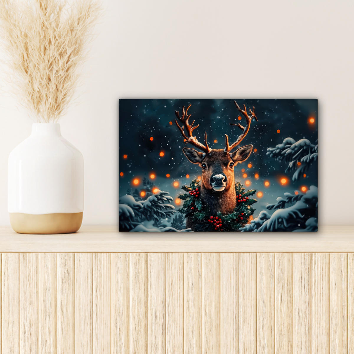 LEINWANDBILD Hirsch - Weihnachten - Winter - Schnee - Weihnachtskranz Deko Schlafzimmer 30x20 cm - Dunkelbraun, Textil (30/20cm) - MuchoWow