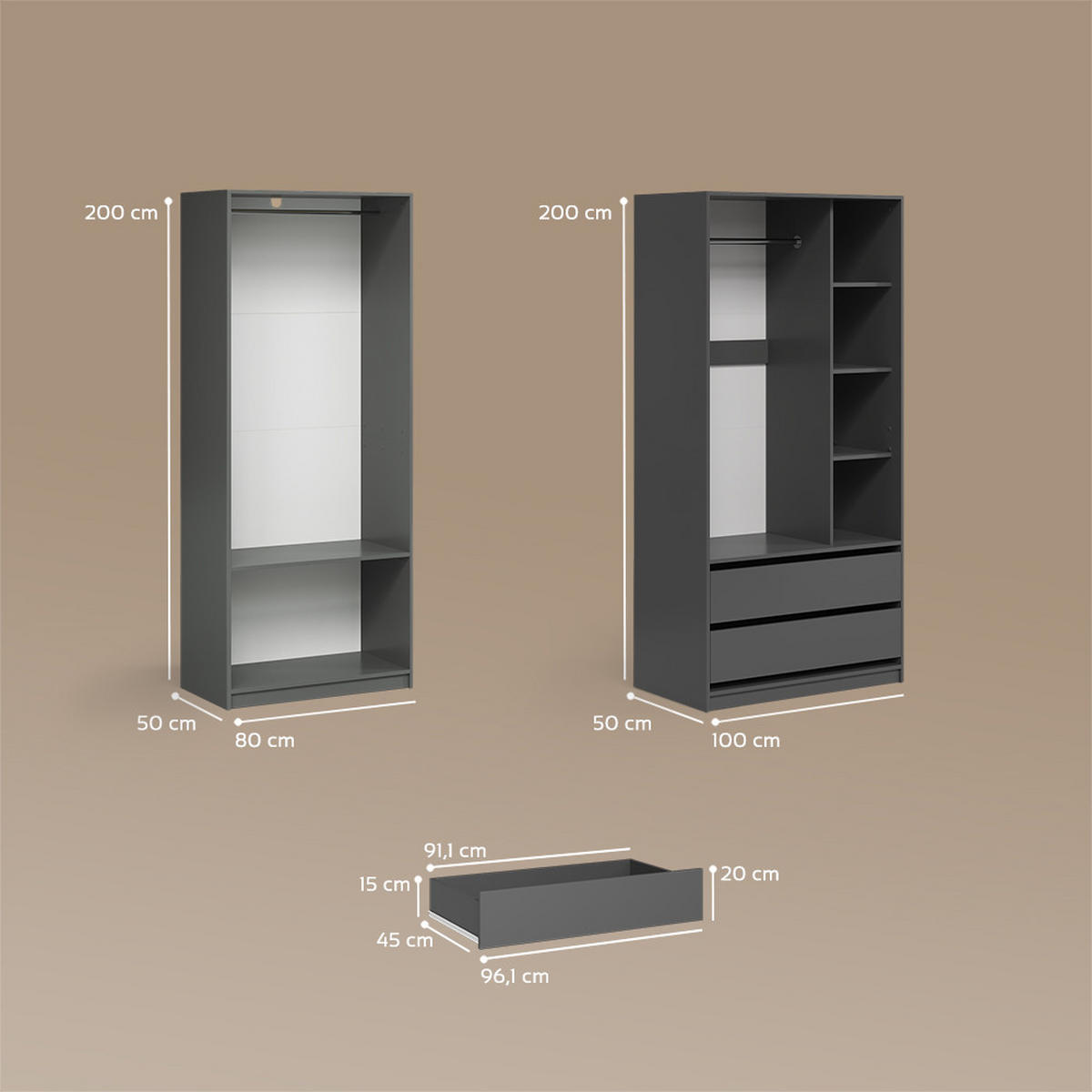 GARDEROBA Trento Antracit Komplet 2 - antracit, leseni material (100/200/50cm) - Livinity®
