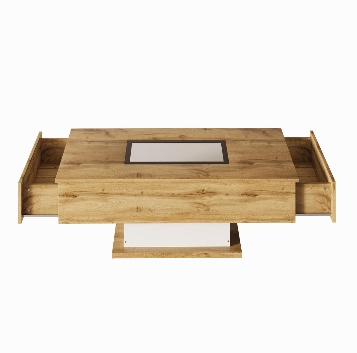 COUCHTISCH 110,2/60/39,7 cm aus Spanplatte mit LED-Beleuchtung, Glasplatte und 2 Schubladen, Natur/Weiß/Schwarz - Naturfarben, Holzwerkstoff (110.2/60/39.7cm) - Redom