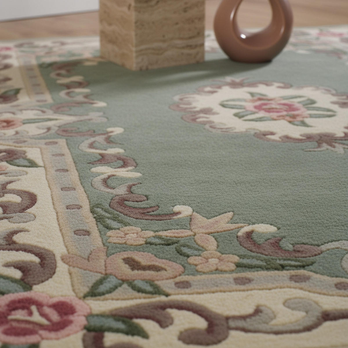 WOLLTEPPICH Aubusson-Muster handgeknüpft BEAULY, Grün-Beige 120x180 cm - Grün, Textil (120/180cm) - KADIMA DESIGN